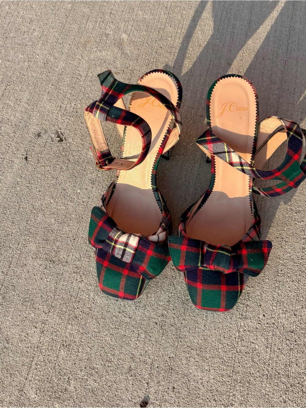 J. Crew Plaid Bow Ankle-Strap Sandals in Green and Red